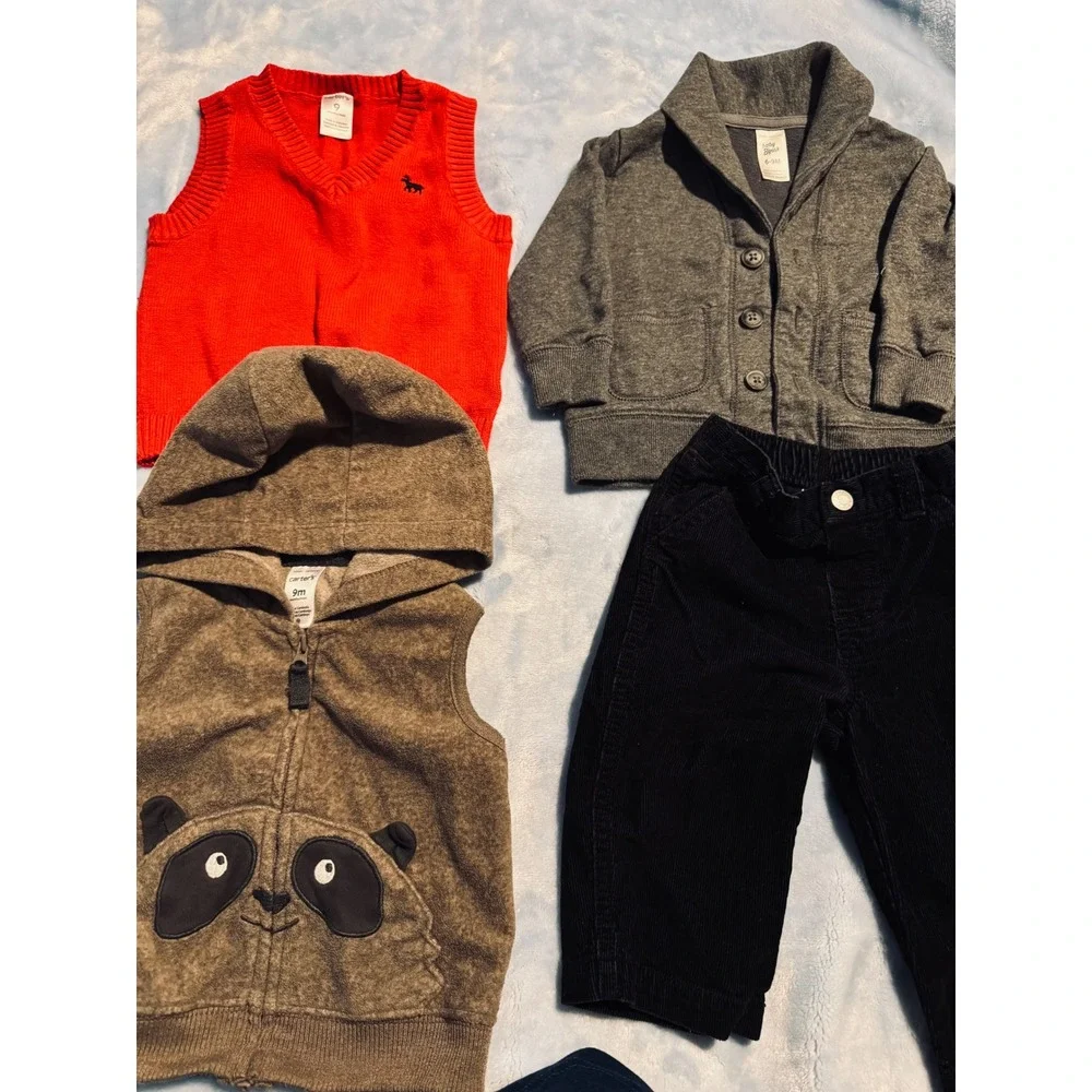 Carter's OshKosh Baby Boy 4pc Set 6-9M Red Vest Grey Cardigan Panda Fleece Pants